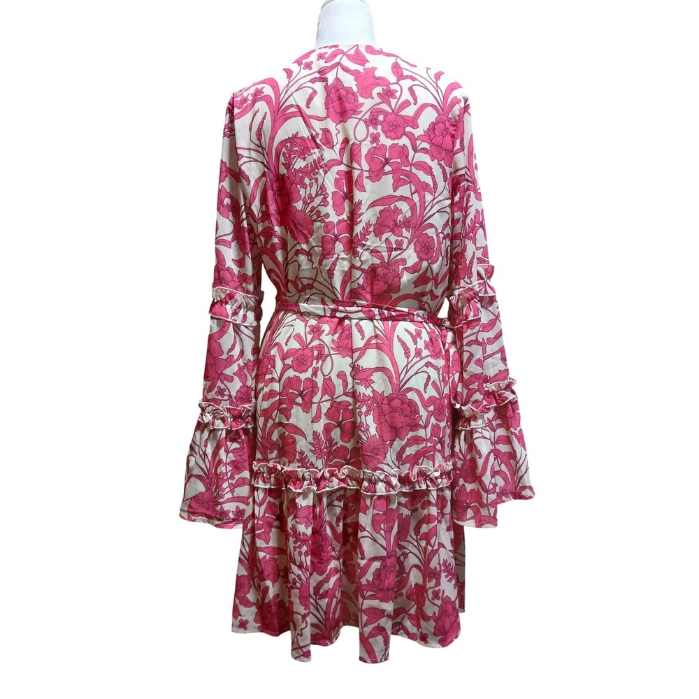 Flying Tomato Pink White Floral Bell Sleeve Tiered Mini Dress ID17931 Womens L - Picture 5 of 12